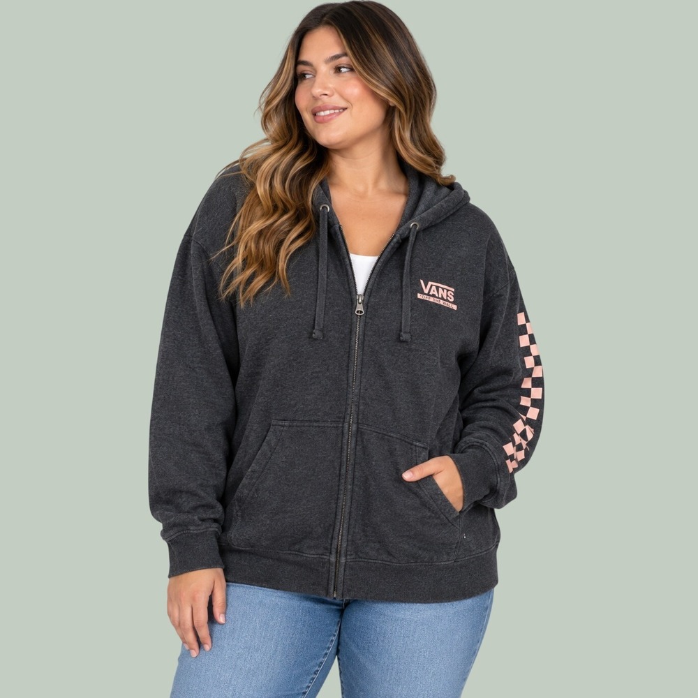 Vans Charcoal Gray Full Zip Hoodie Pink Checkerboard Logo Women's Size L